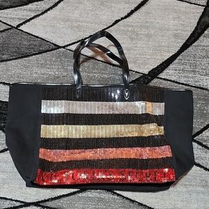VICTORIA SECRET 2017 BLACK CANVAS MUITI-COLORED SEQUINS STRIPED LOGO TOTE BAG